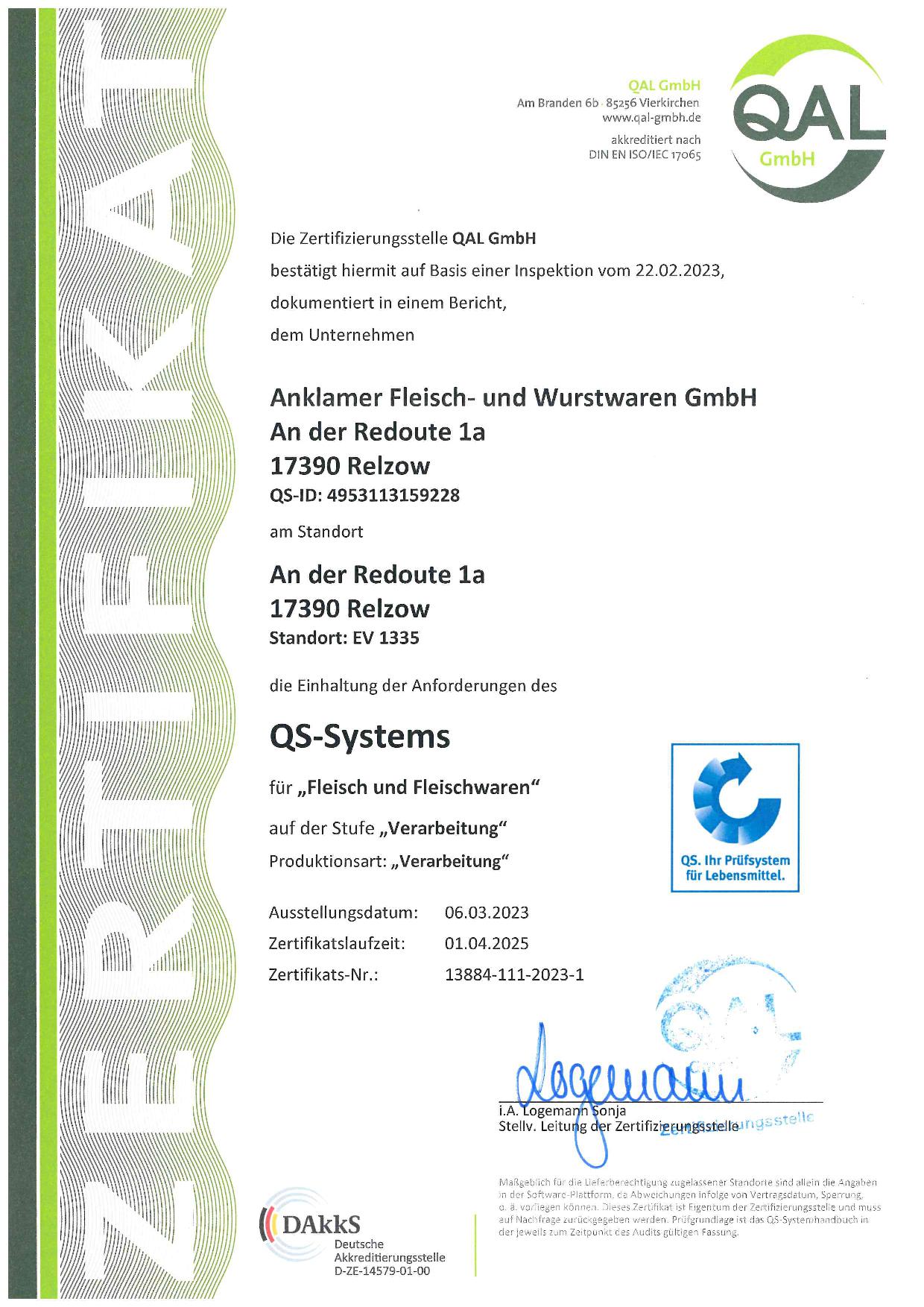 Zertifikat QS-Systems